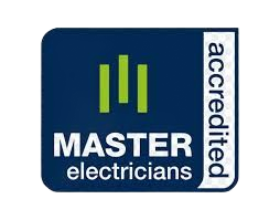 Master electricians accreditation logo in blue, white, and green with “accredited” text