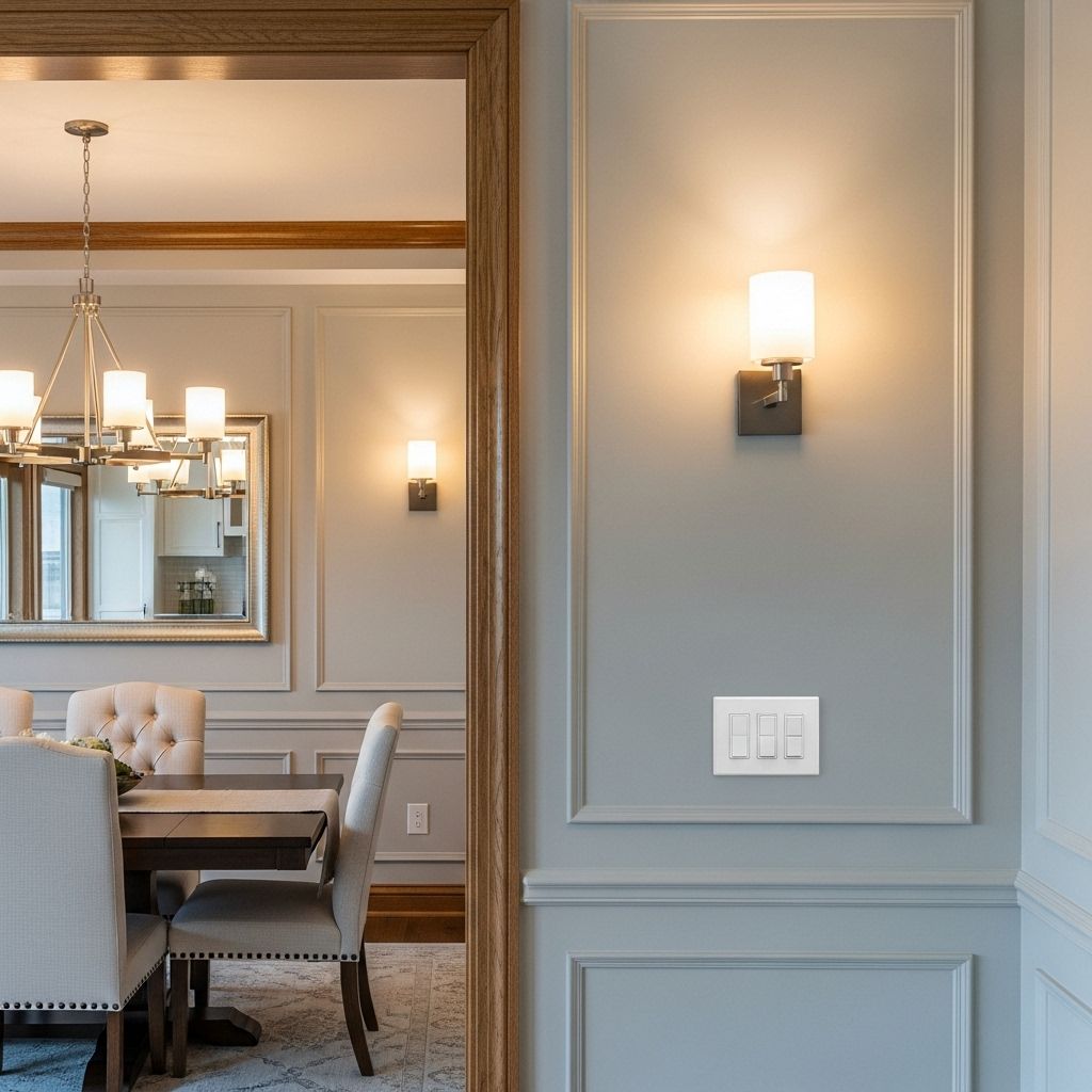 Elegant dining room with beige chairs, a large mirror, and soft wall lighting on paneled gray walls