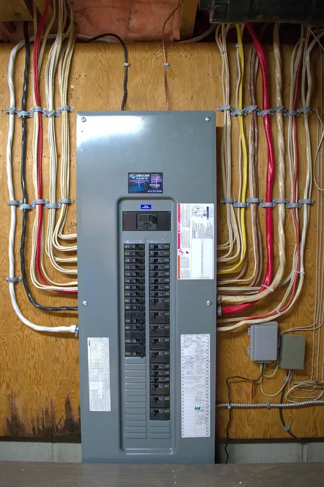 Electrical breaker panel with many colored wires mounted on a wooden wall.