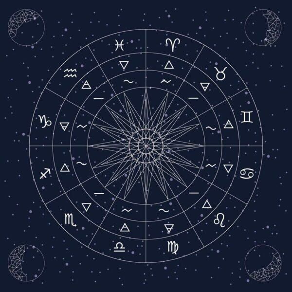 Rueda del zodiaco astrológico sobre un fondo azul oscuro estrellado con símbolos de constelaciones blancas.