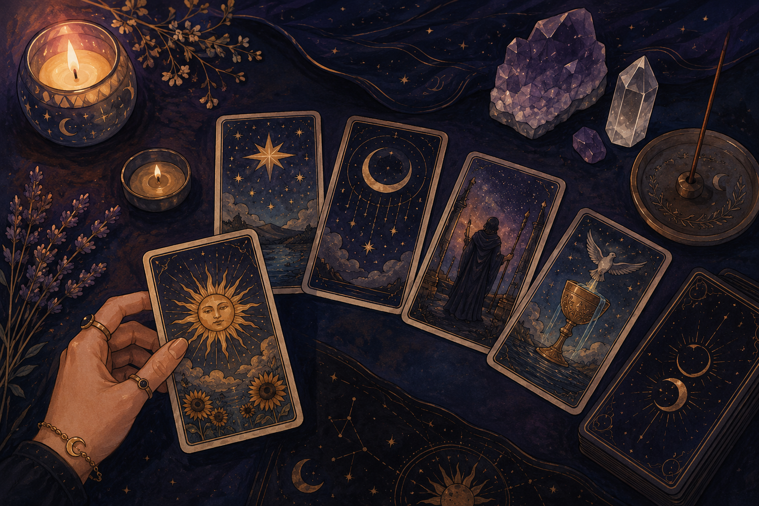 Una mano sostiene una carta del tarot sobre una mesa oscura y mística con velas, cristales y varias cartas dispuestas.