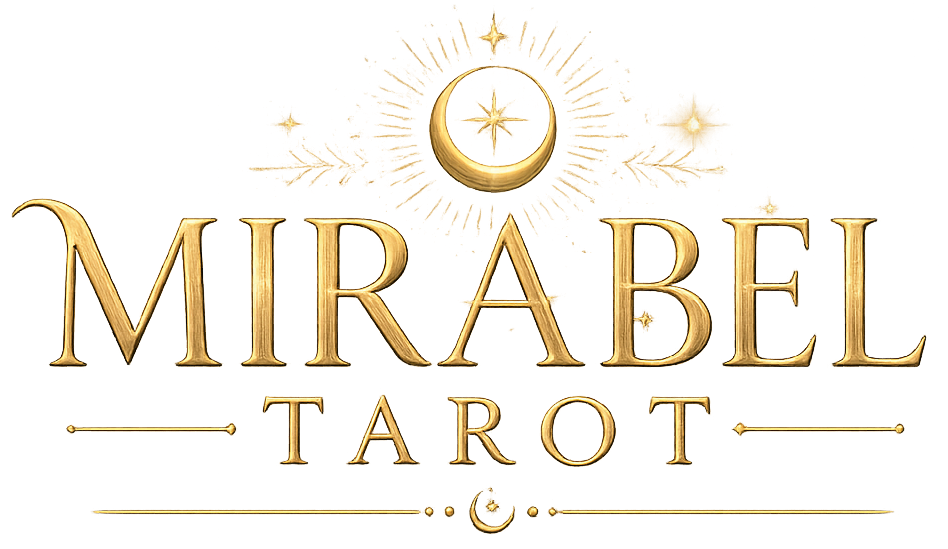 Logotipo dorado de “MIRABEL TAROT” con una luna creciente y una estrella en la parte superior.
