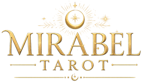Logotipo dorado de “MIRABEL TAROT” con una luna creciente y una estrella en la parte superior.
