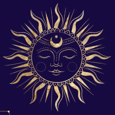 Sol dorado y luna creciente sobre un fondo púrpura intenso, con rayos estilizados que irradian desde el exterior.