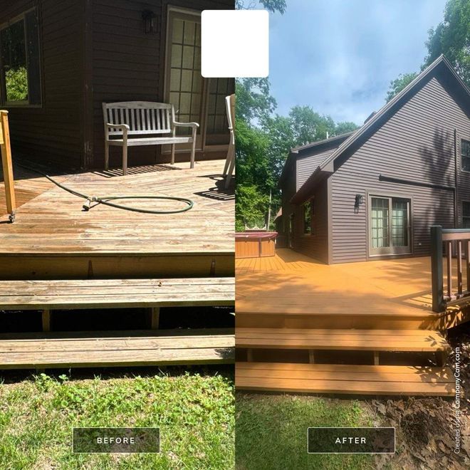 Wooden deck and house exterior shown in a before-and-after comparison, with a white bench and steps.