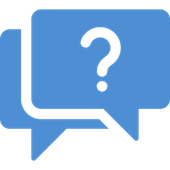 Blue chat bubble with a white question mark inside and a smaller overlapping bubble behind it.