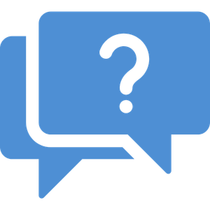 Blue chat bubble with a white question mark inside and a smaller overlapping bubble behind it.