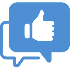 Blue chat bubble with a white thumbs-up icon inside