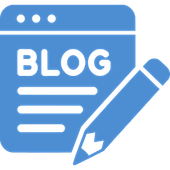Blue blog icon with a pencil and the word “BLOG” on a document page.
