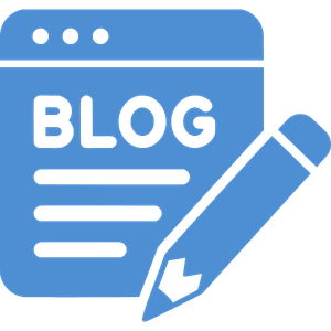 Blue blog icon with a pencil and the word “BLOG” on a document page.