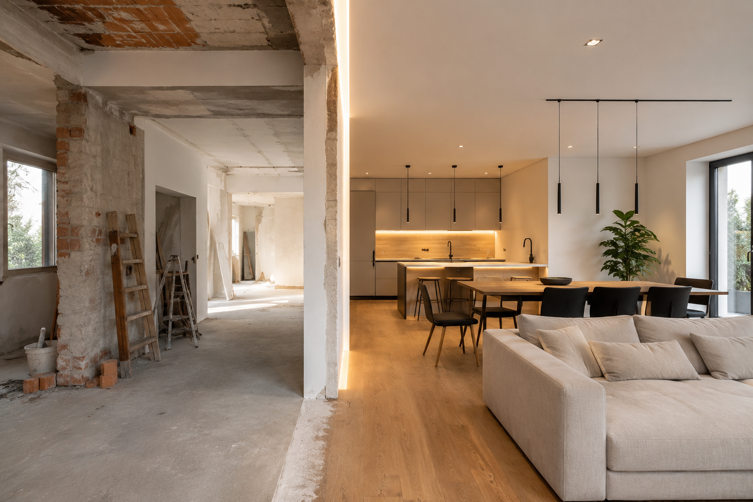 Soggiorno e cucina a pianta aperta con mattoni a vista, pavimenti in legno e divano beige.