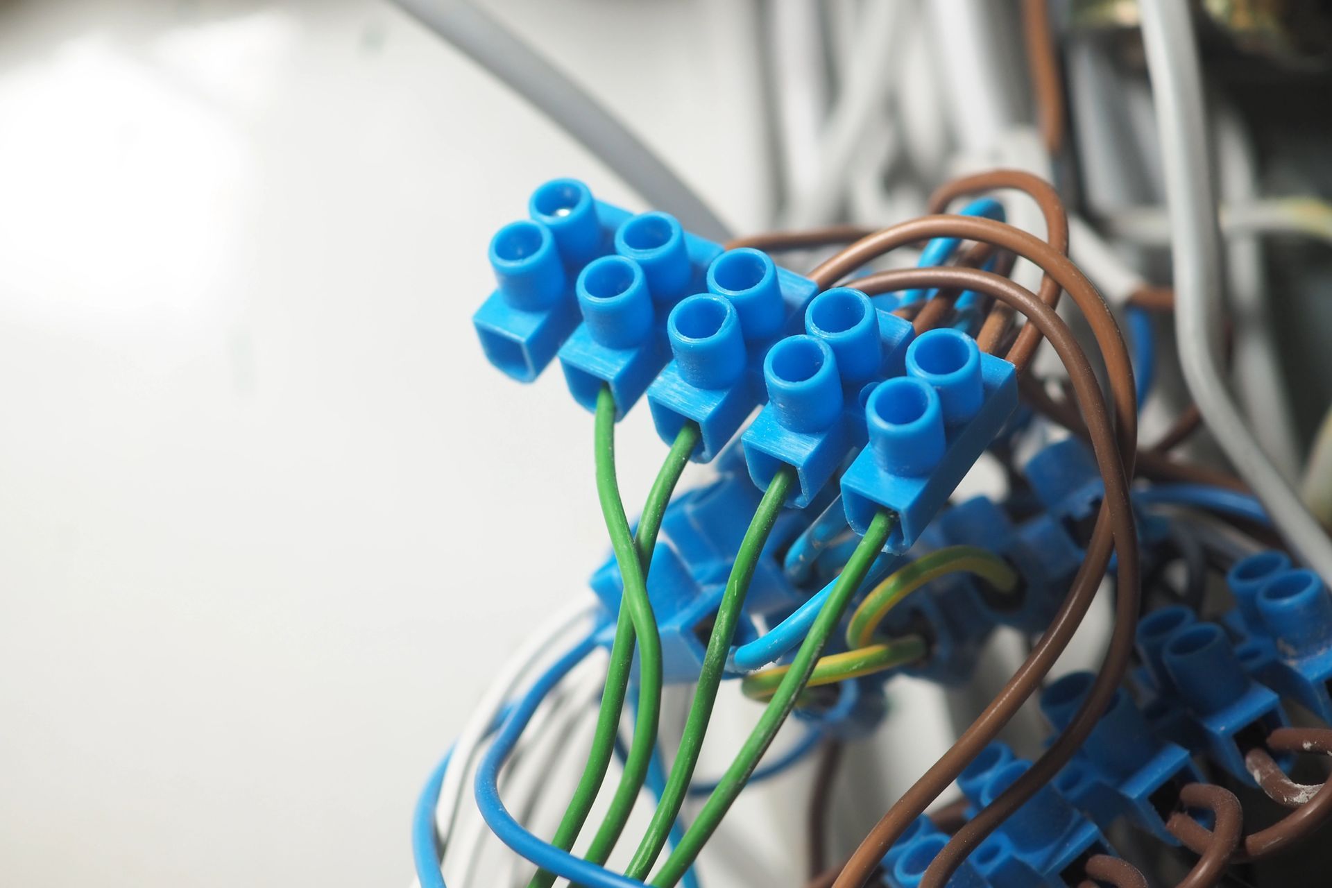 Connettori per cavi elettrici blu con fili verdi, marroni e bianchi in una vista ravvicinata