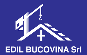 Logo di EDIL BUCOVINA Srl in bianco su sfondo blu, con tetto di casa, croce e simbolo della gru.