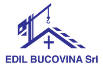 Logo per EDIL BUCOVINA Srl con gru da costruzione blu, tetto e icona a croce su sfondo bianco.