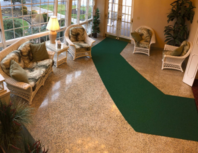 Sunlit lounge with wicker chairs, potted plants, and a green carpet runner by floor-to-ceiling windows