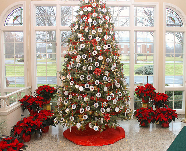 Decorated Christmas tree with red and white ornaments, surrounded by poinsettias in a bright lobby
