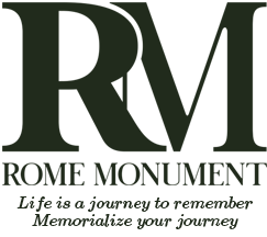 Black RM logo with “ROME MONUMENT” and tagline “Life is a journey to remember” and “Memorialize your journey”
