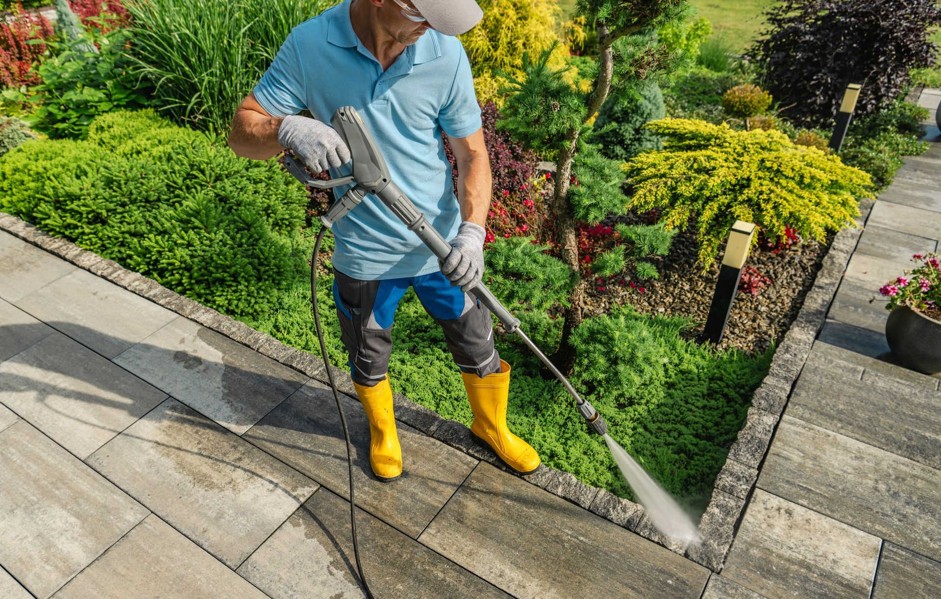 Person pressure-washing a stone walkway beside a garden, wearing yellow boots and blue shirt.