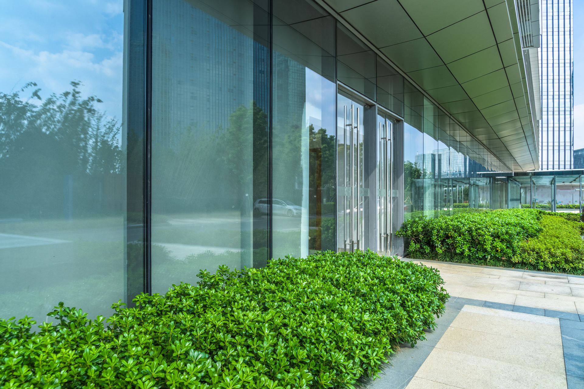 Modern glass building with reflective windows, a covered walkway, and green shrubs along the facade Modern glass building with reflective windows, a covered walkway, and green shrubs along the facade