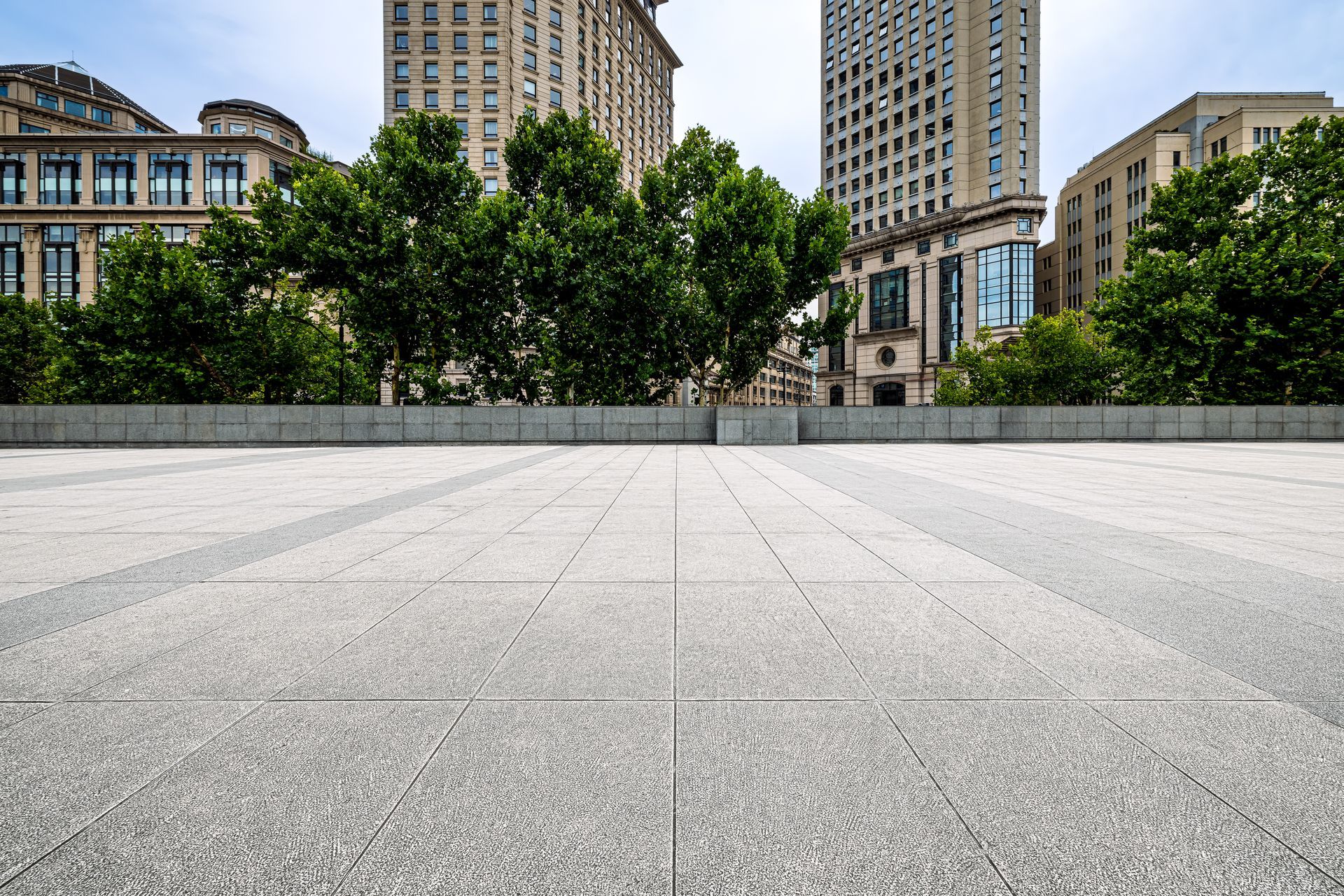 Empty stone plaza with trees and tall buildings in the background Empty stone plaza with trees and tall buildings in the background