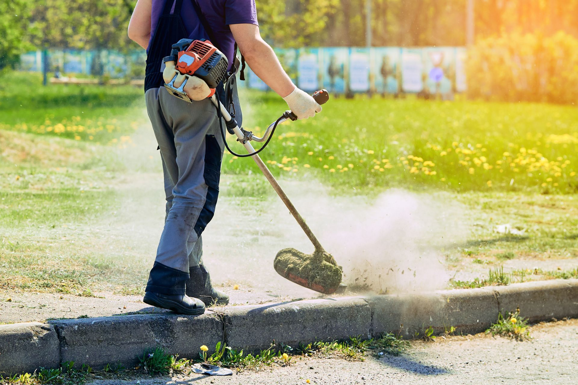 Person using a string trimmer to cut grass along a curb, with dust and clippings in sunlight. Person using a string trimmer to cut grass along a curb, with dust and clippings in sunlight.