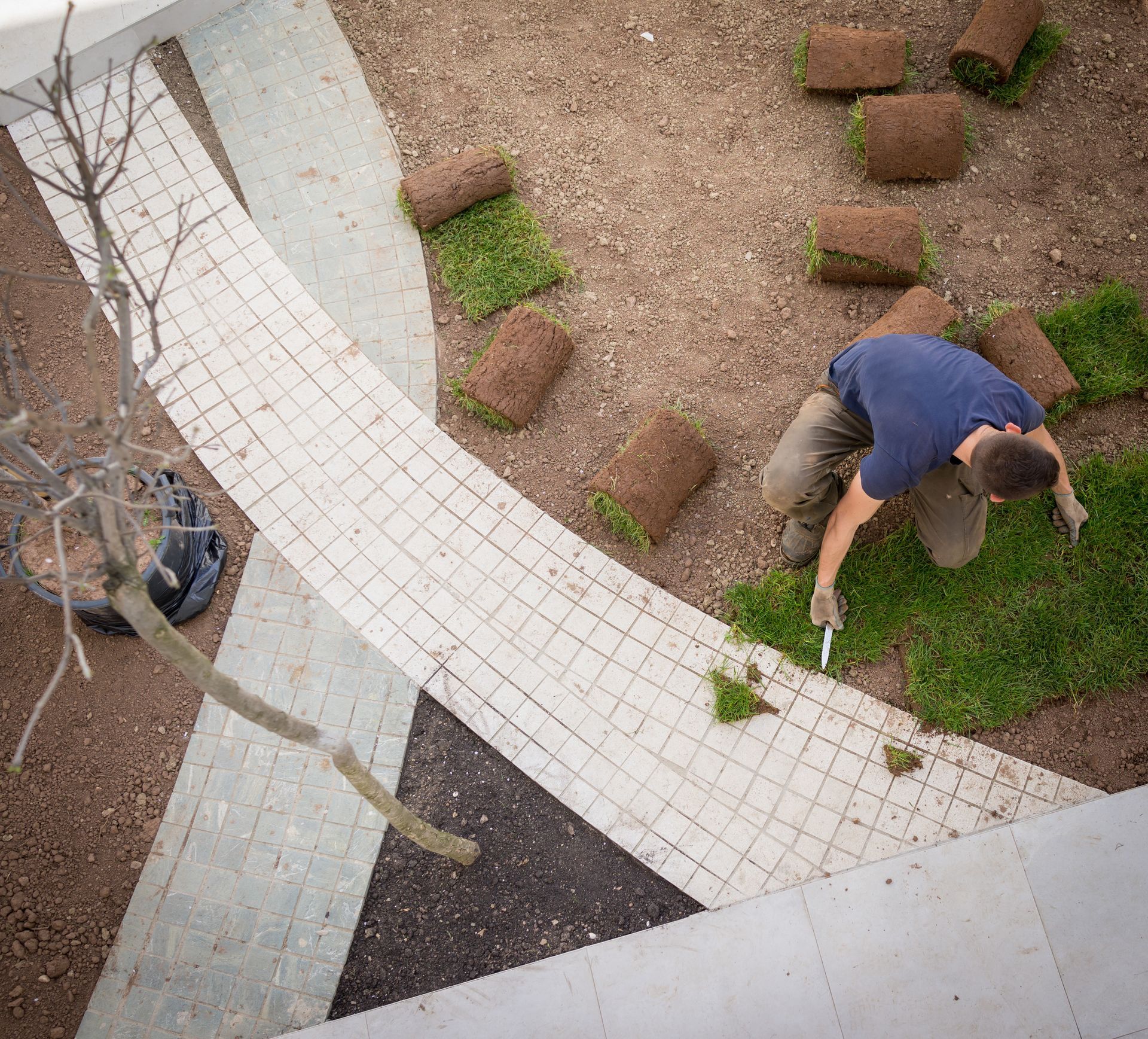 Person kneeling in a courtyard, planting grass beside a curved white walkway and scattered sod blocks. Person kneeling in a courtyard, planting grass beside a curved white walkway and scattered sod blocks.