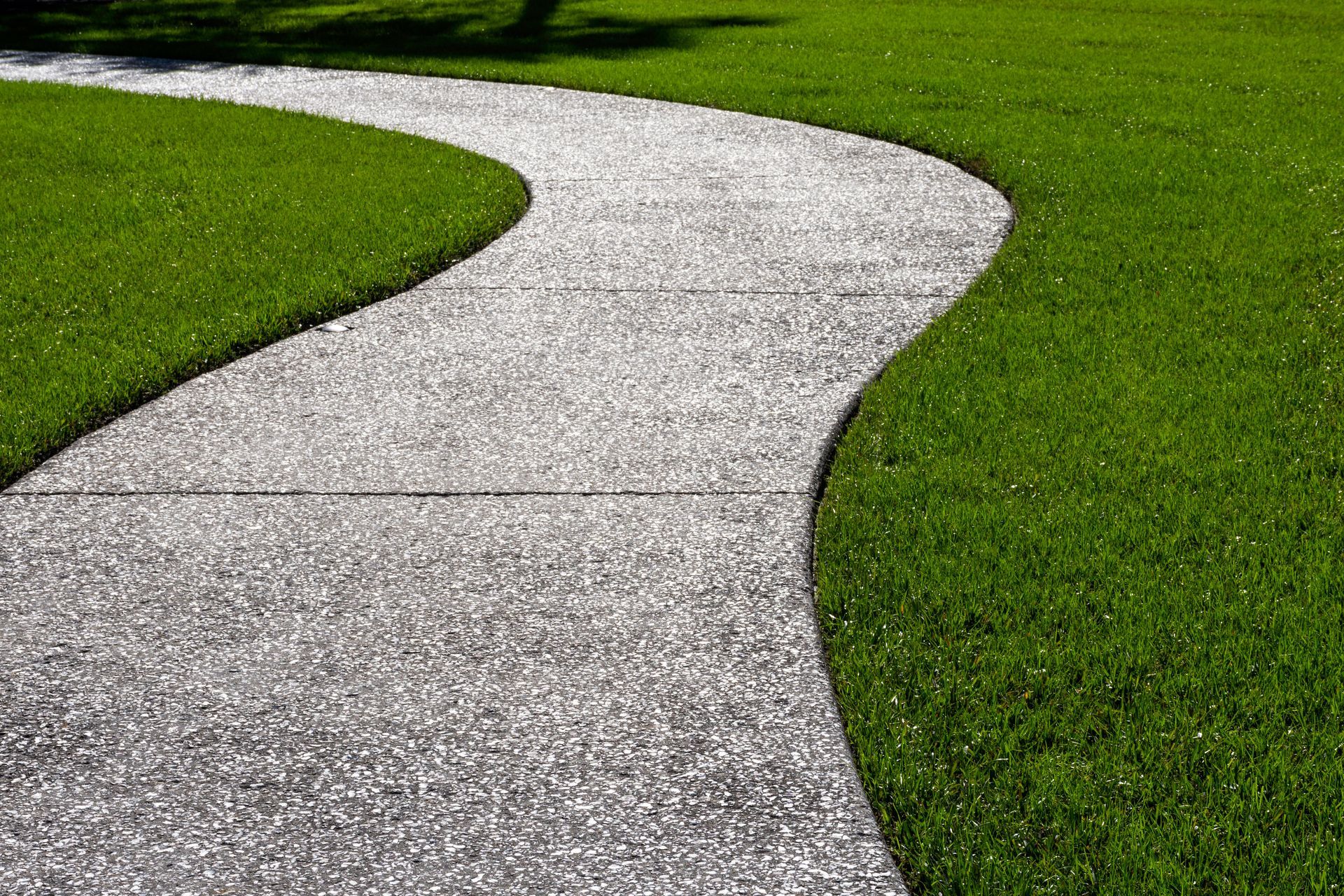 Curving concrete path through green grass in a park Curving concrete path through green grass in a park