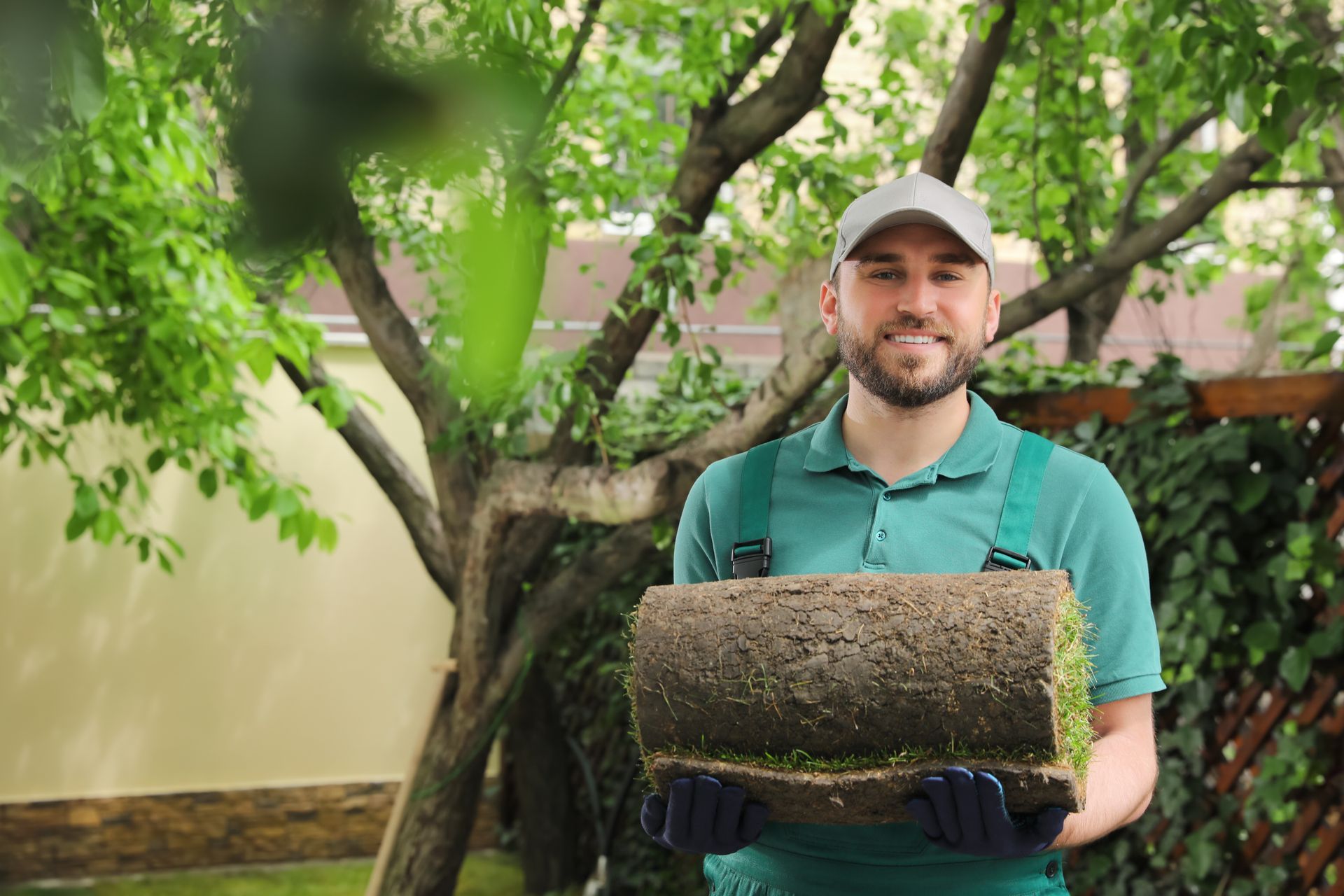Man holding a sod roll in a leafy garden, smiling at the camera. Man holding a sod roll in a leafy garden, smiling at the camera.