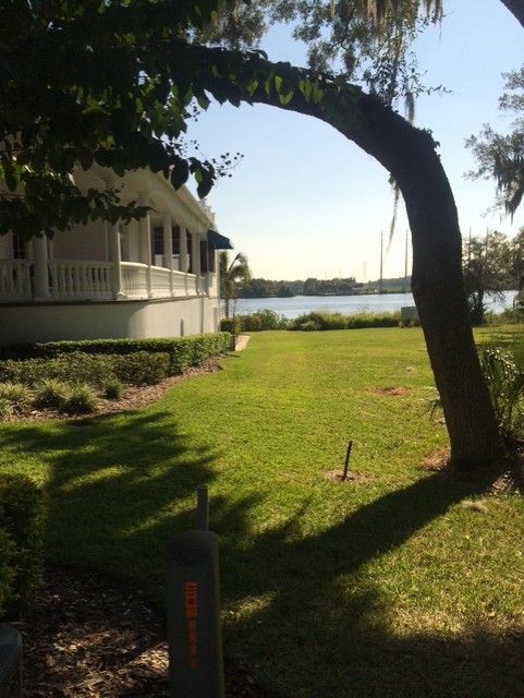 Shaded lawn beside a white house, with a large tree arching over grass toward a calm waterfront. Shaded lawn beside a white house, with a large tree arching over grass toward a calm waterfront.