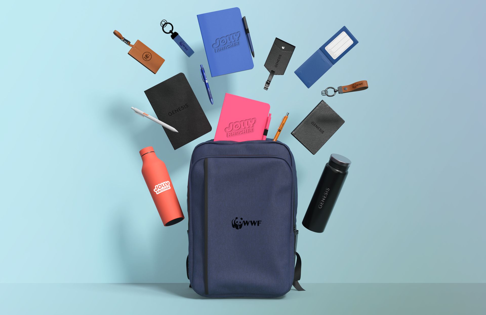 A blue backpack is surrounded by various items on a blue background.