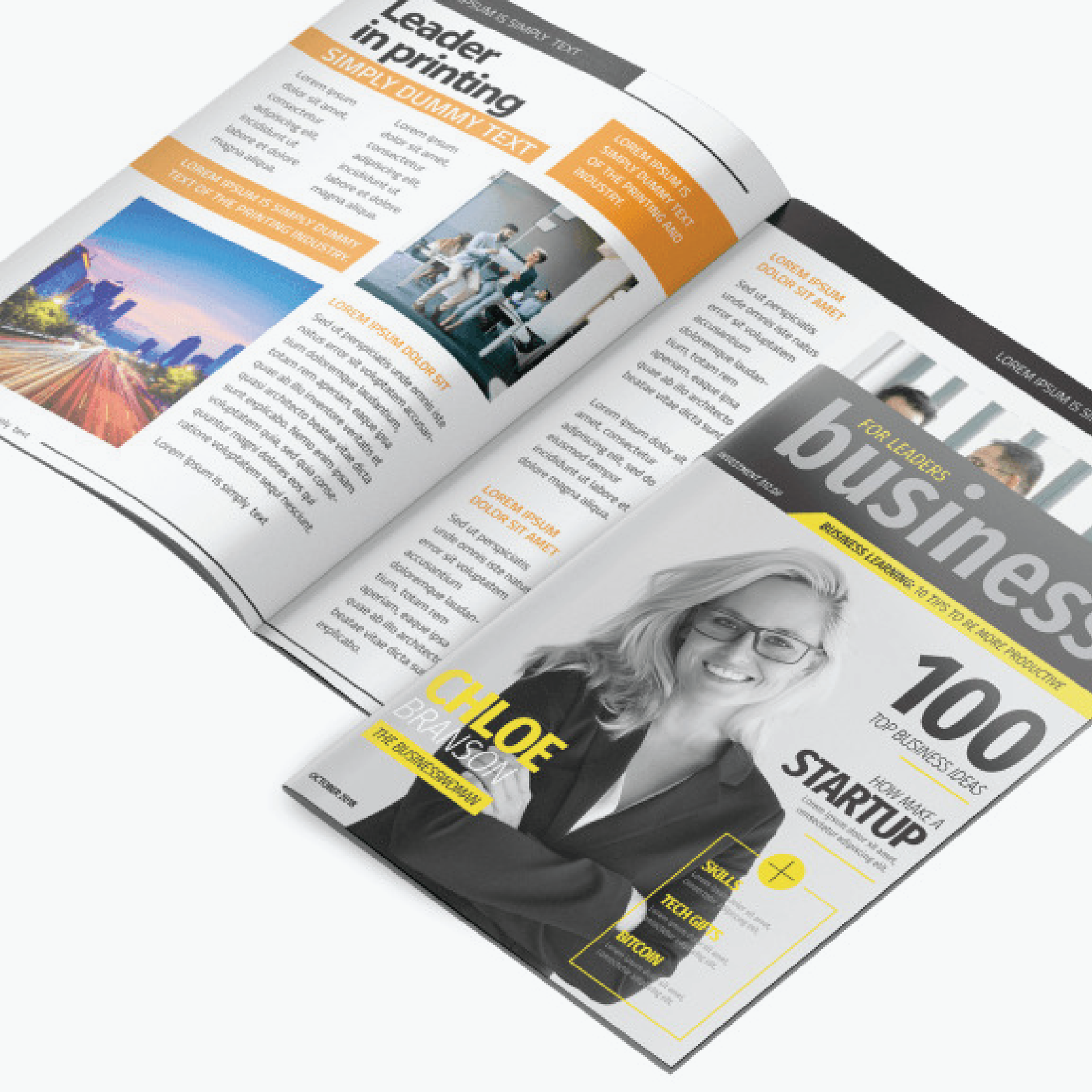 A magazine is open to a page with a woman on it
