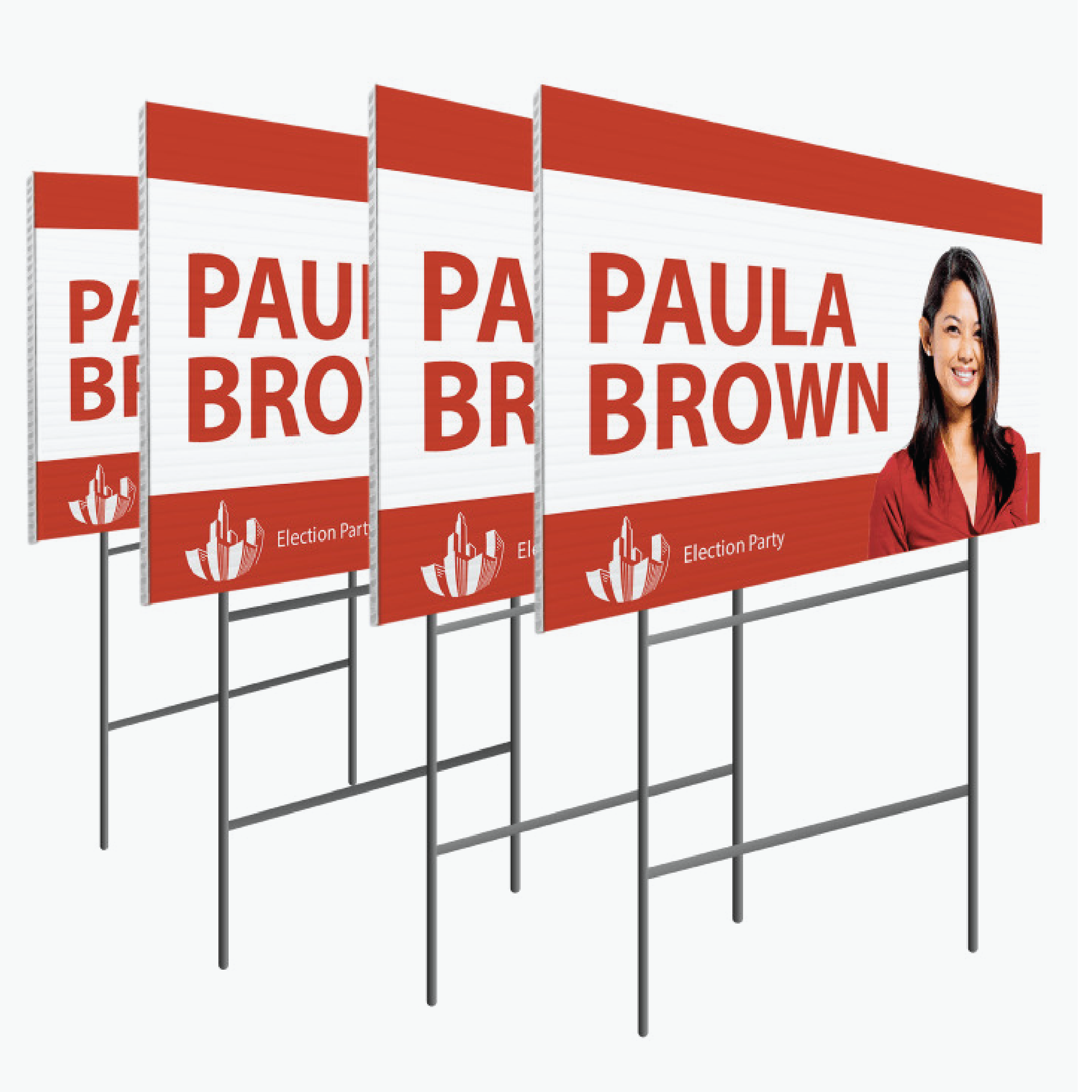 A row of paula brown yard signs sitting next to each other.