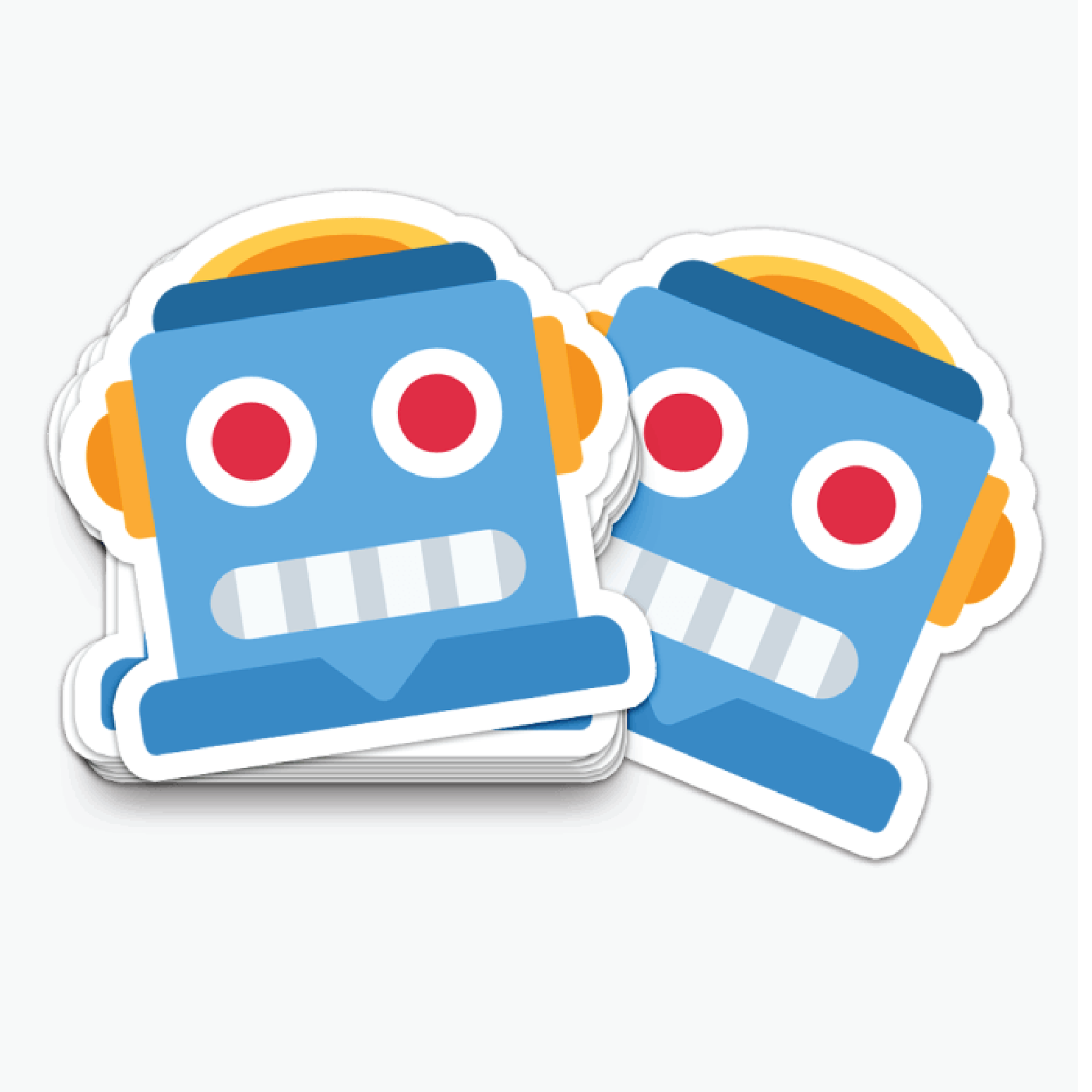 Two stickers of a blue robot with headphones on a white background.