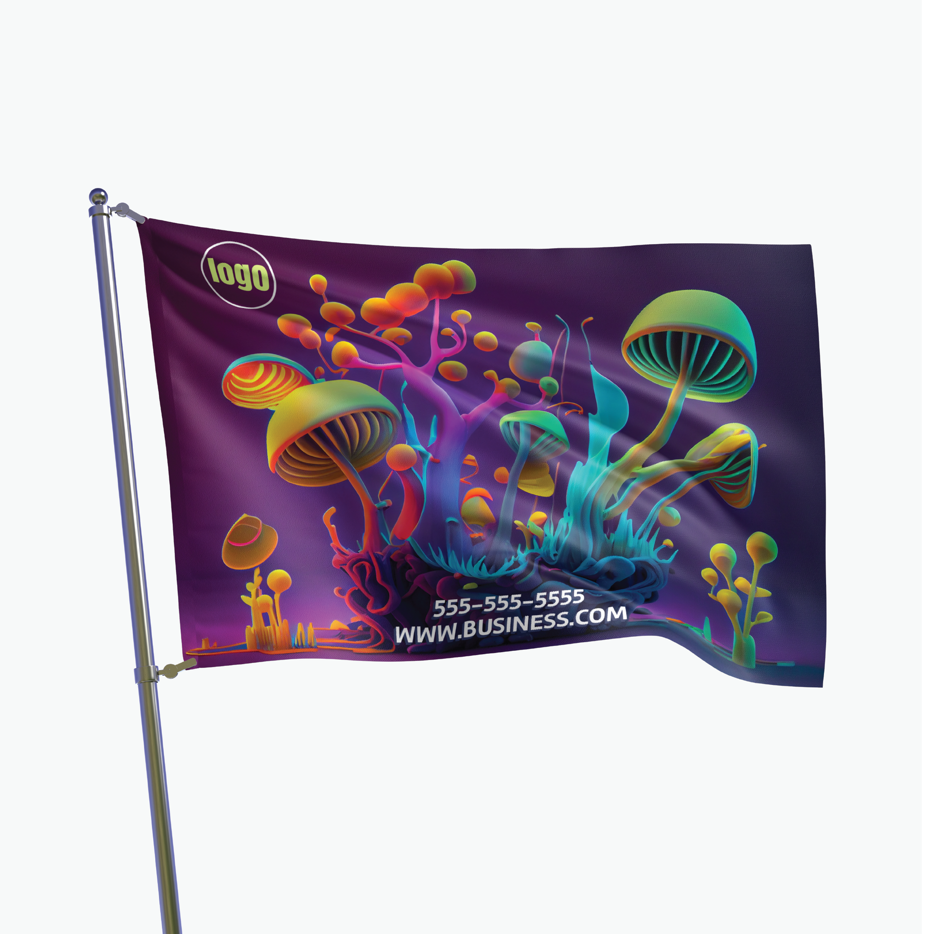A purple flag with mushrooms on it is hanging on a pole.