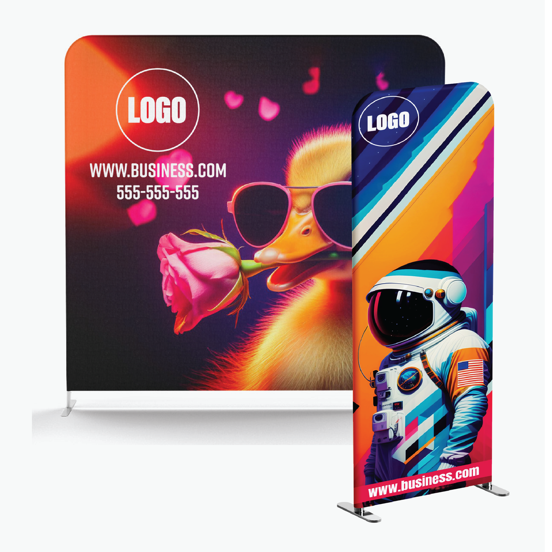 A banner with a duck and an astronaut on it