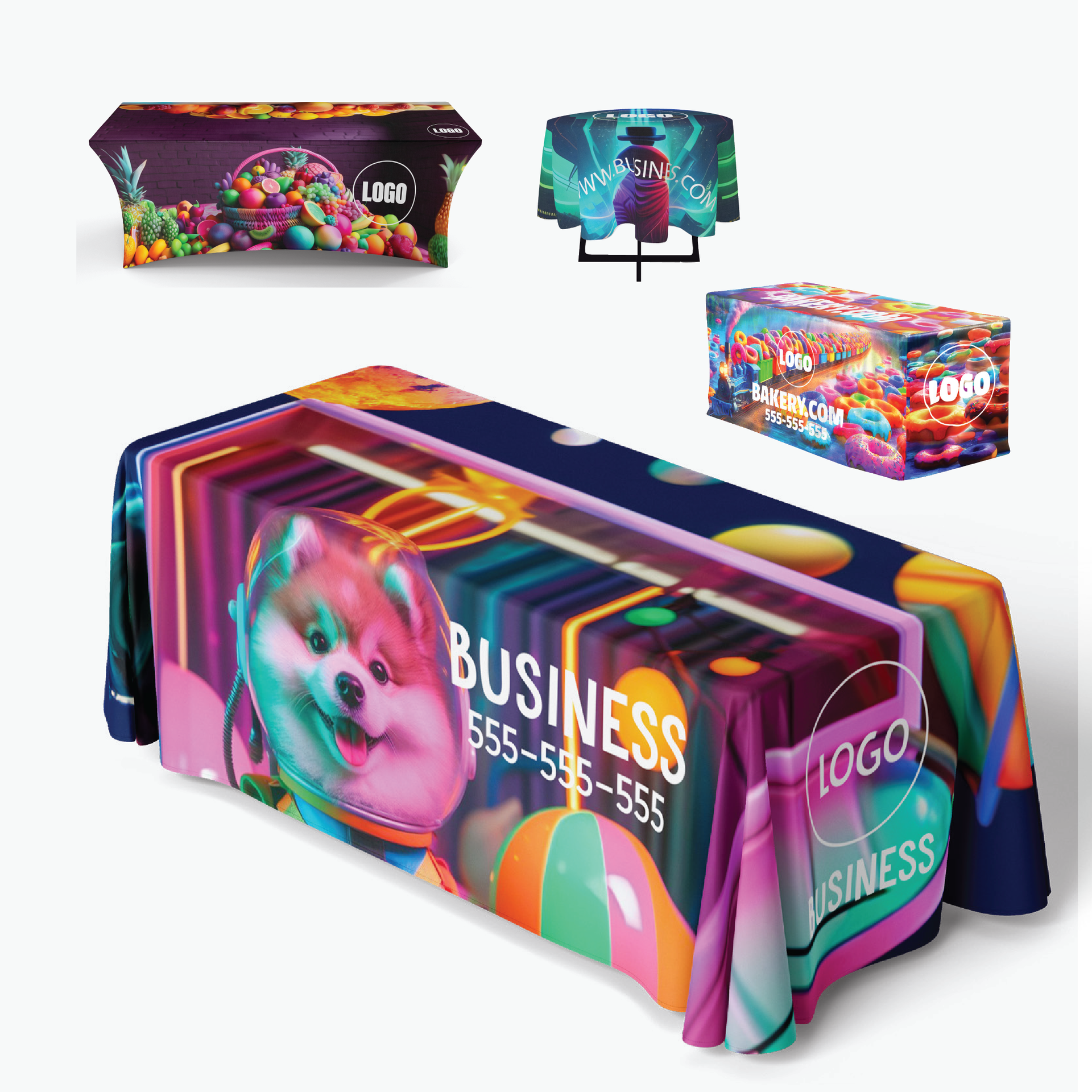 A table cloth with a dog on it that says business