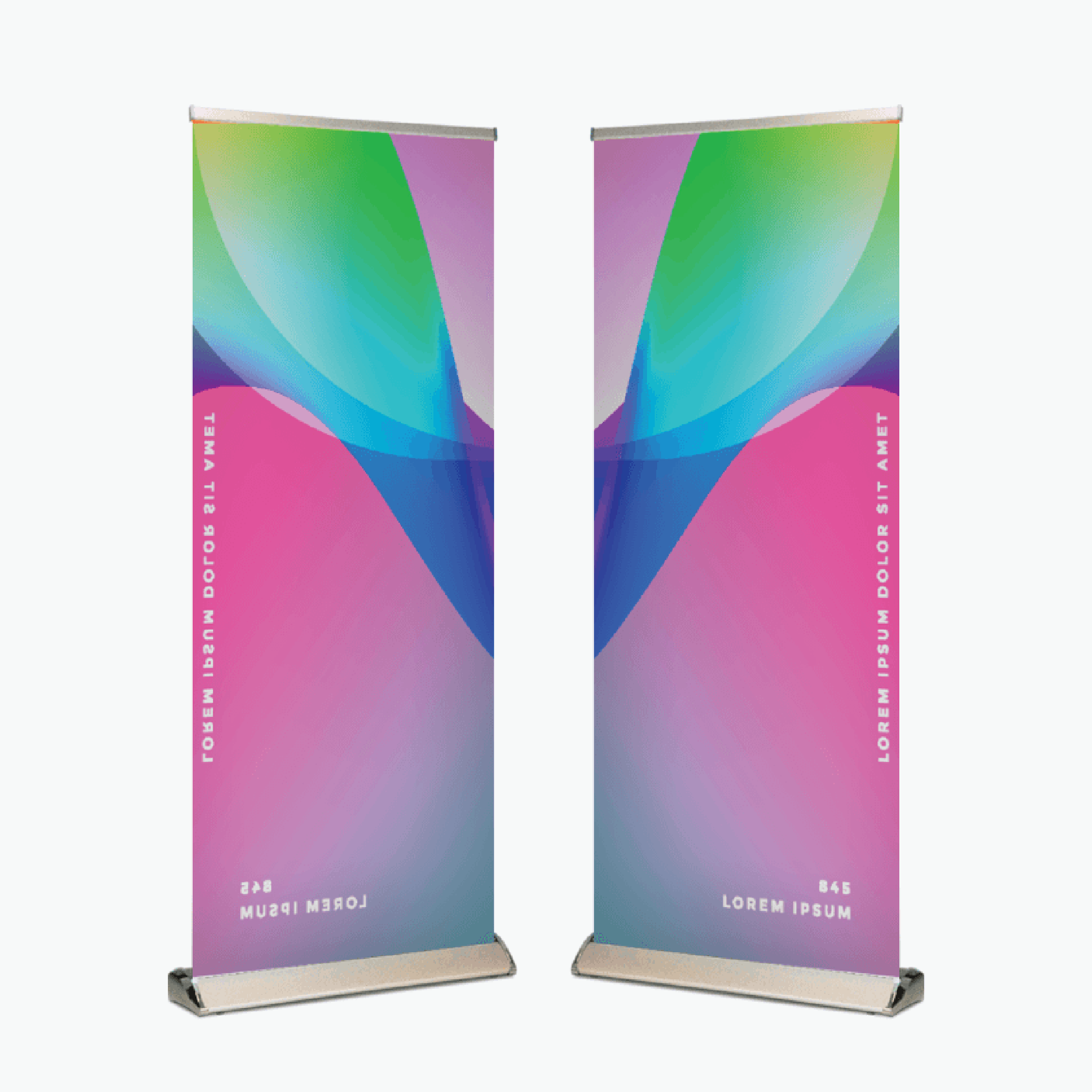 A pair of roll up banners with a colorful design on them.