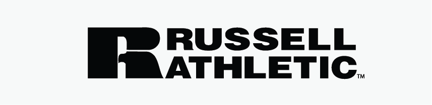 A black and white logo for russell athletic on a white background