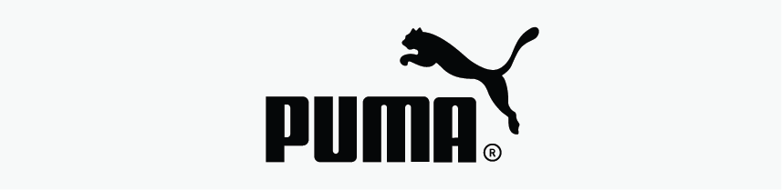 A black and white puma logo on a white background