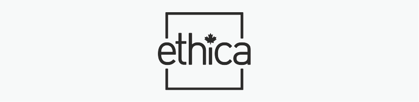A black and white logo for ethica on a white background