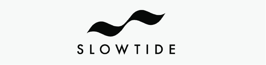 A black and white logo for slowtide with a wave