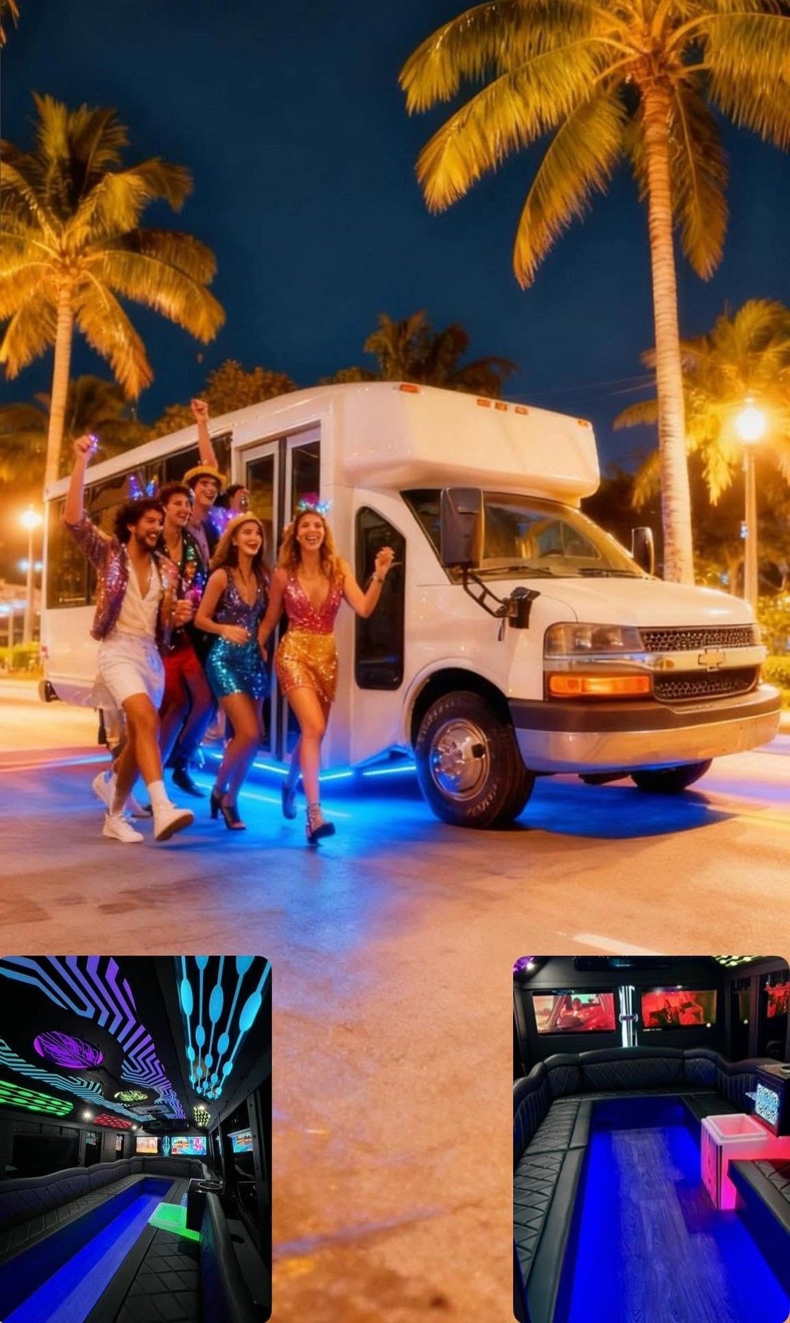 Group posing beside a white party bus lit blue at night, with palm trees and vibrant neon interior views below