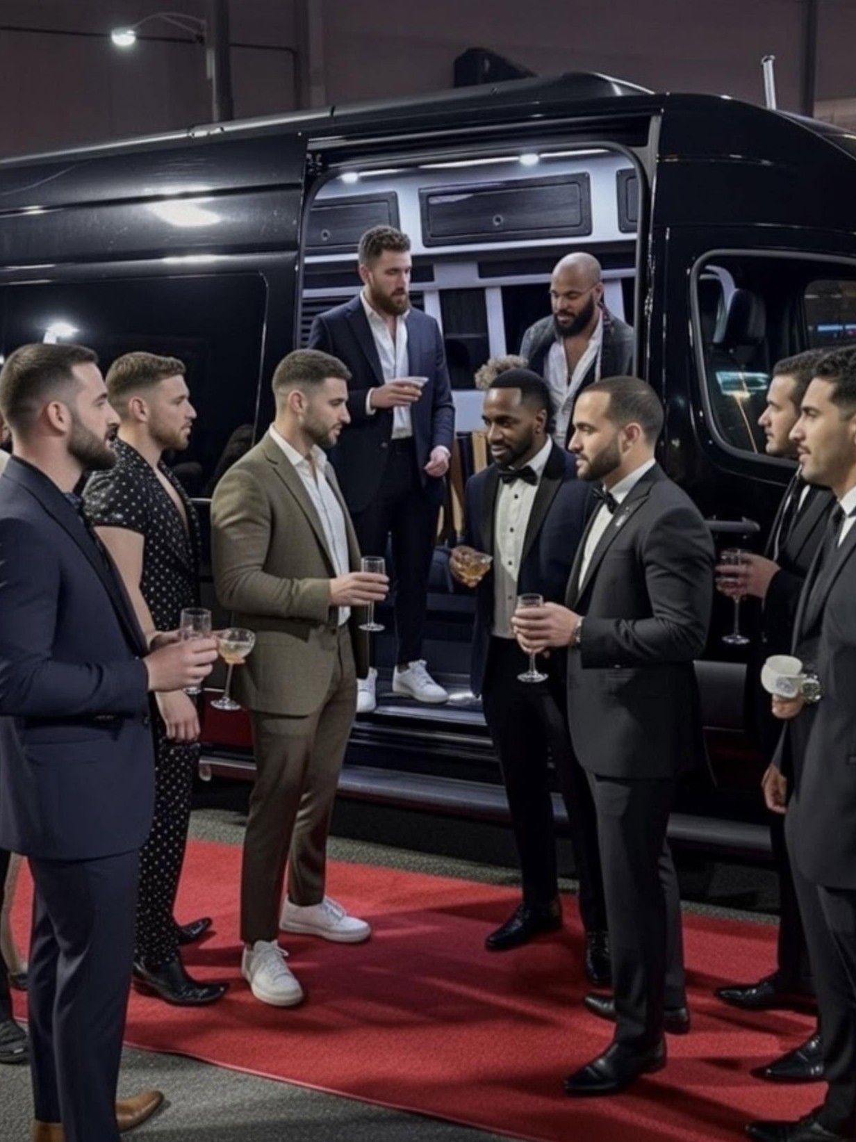 Men in suits conversing beside a black van on a red carpet at night