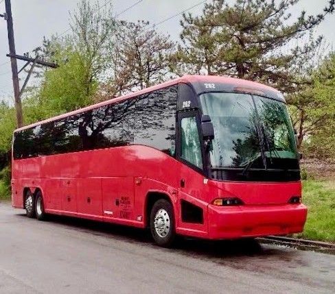 Red coach bus parked on a roadside under trees