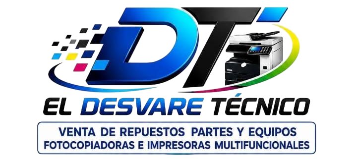 Logotipo de DT El Desvare Técnico con letras azules e iconos de impresoras, publicidad de repuestos y copiadoras e impresoras multifunción.
