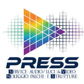 Logo PRESS con icona di riproduzione arcobaleno e testo per audio, video, illuminazione, noleggio e strutture