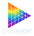 Logo colorato e geometrico del pulsante di riproduzione sopra la parola 
