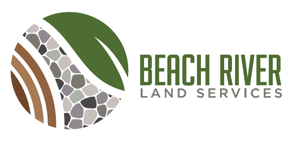 Beach River Land Services logo with green and brown leaf and stone design