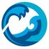 A blue and white wave in a circle on a white background.