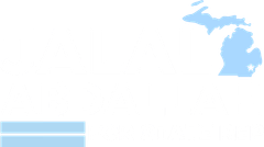 Light blue map of Michigan with a star, and light blue horizontal bars.